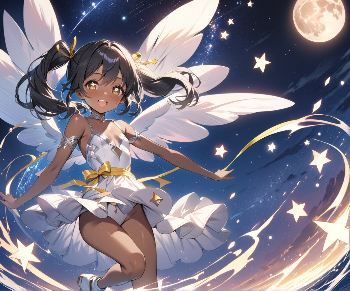 13-years old, dark skinned girl, black hair, two pigtails, twintails, Little ribbons, yellow ribbon, 4k, high resolution, (((masterpiece))),  beauty skin, small breasts, solo female, correct body proportions, shiny skin, high detailed, high resolution, ((fantasy background)), colorful, happy, night time, moon, stars, starry night, hearts, heart shaped pupils, floating in the air, Beautiful eyes, 1girl, flawless, beautiful face, beautiful body, white dress, white shoes, diamonds