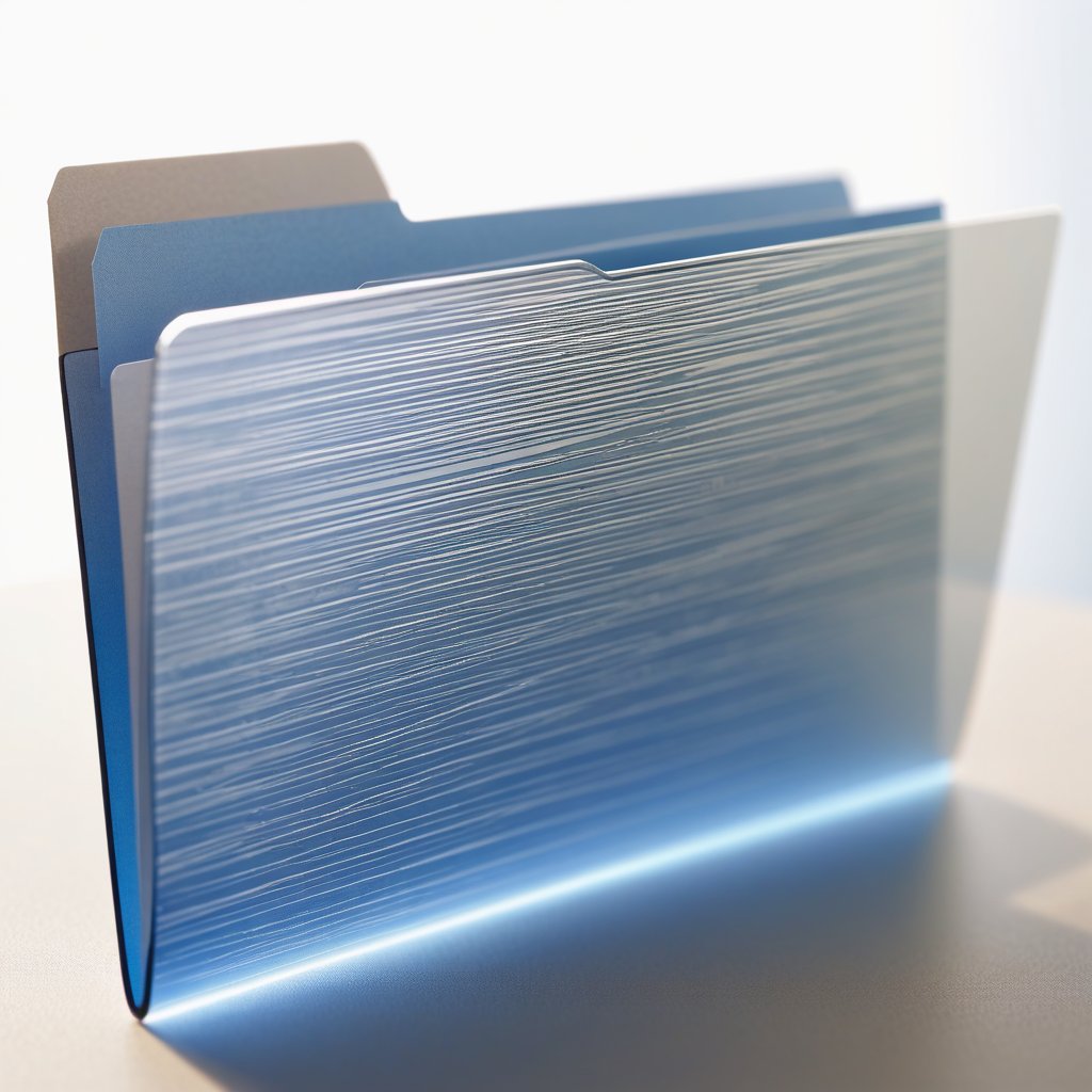 Close-up photo of an empty glass file folder icon with a tab on a white background,  illuminated by soft natural light. Th...