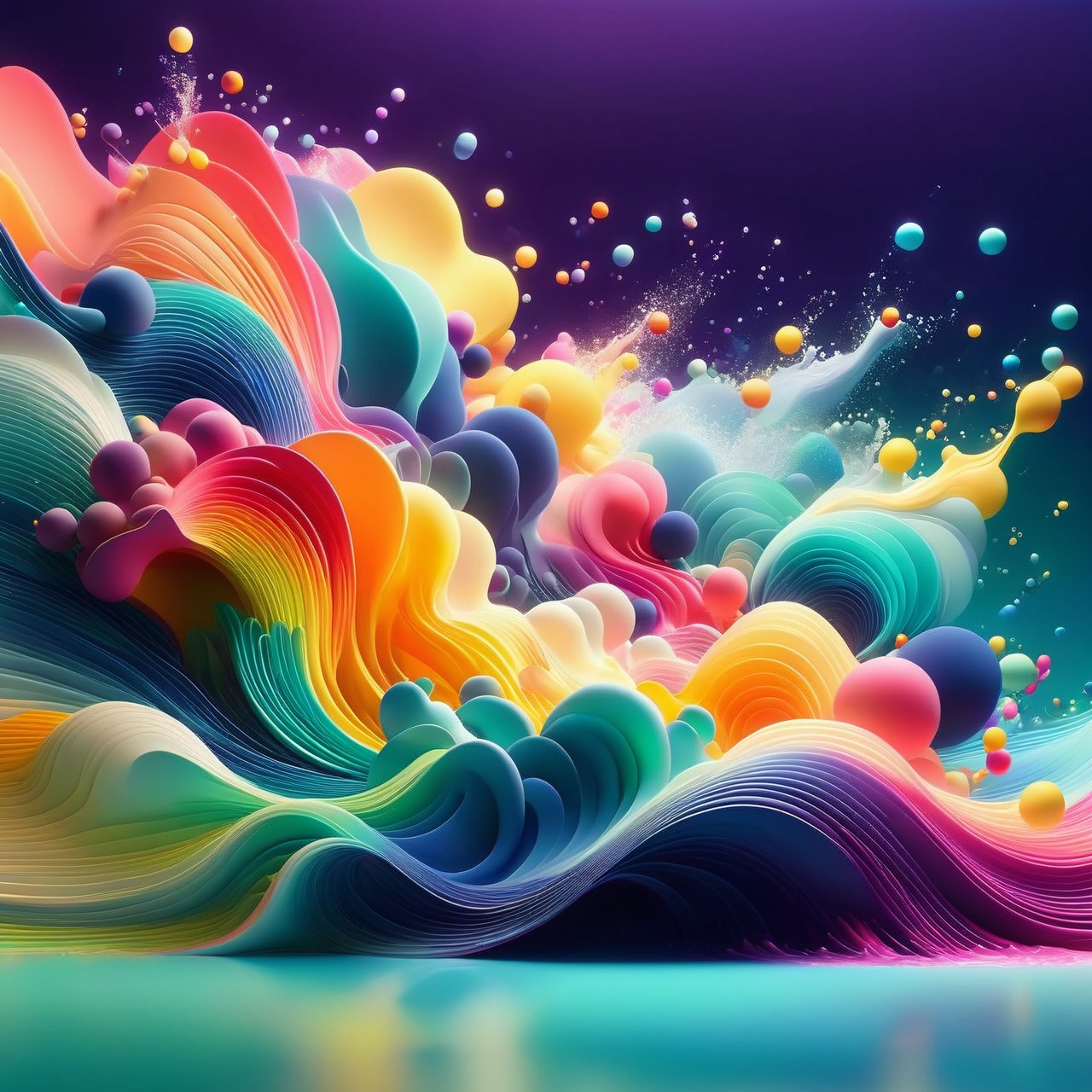 splash, waves, beams of light, minimalistic colourful organic forms, energy assembled, layered, depth, alive vibrant, 3D, abstract, floating particles