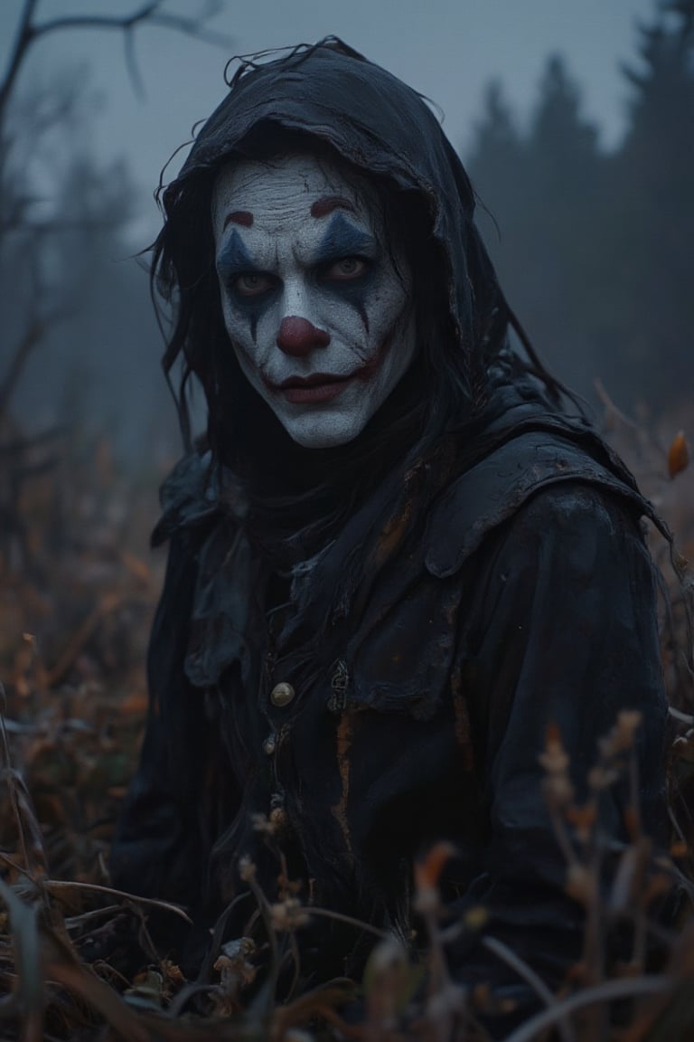 Photo-realistic 60's style of a gloomy scene featuring a clown scarecrow, dimly lit with shadows cast by a single light source. The joker face paint scarecrow stands in a field of tall, twisted grass and thick underbrush. Close-up shot, low-key lighting, emphasizing the eerie atmosphere. The scarecrow's face is partially obscured by shadows, its eyes wide and unsettling. The scene is filled with dark, foreboding elements, adding to the haunting mood,UE5