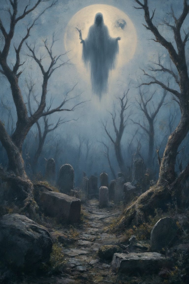 A misty graveyard under the full moon, with twisted, dead trees and spectral apparitions floating above old, weathered tombstones. Mysterious and chilling ambiance,surreal, masterpiece, 4k