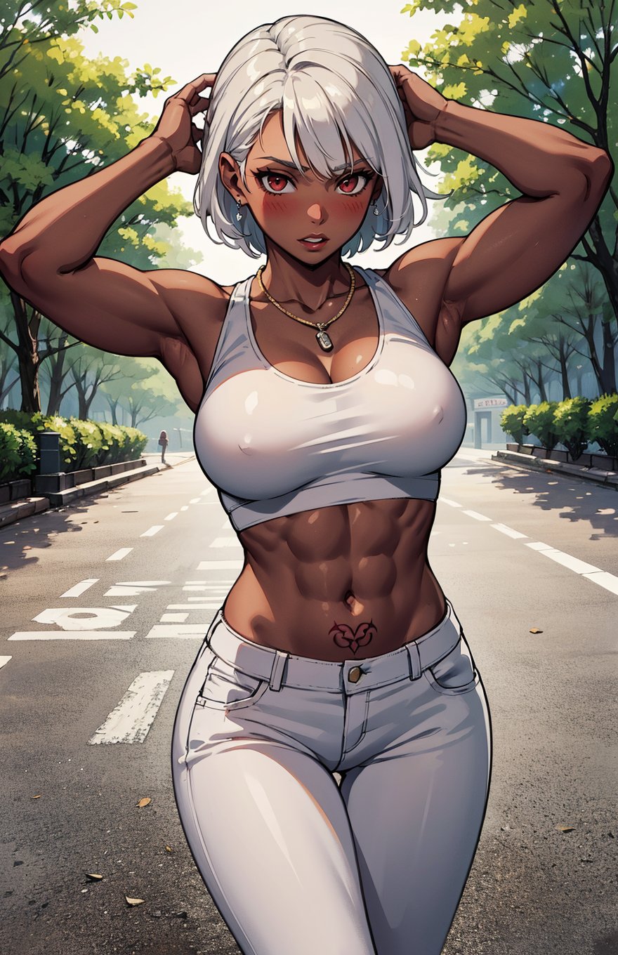 mega realistic, 1girl, short grey hair, red eyes, dark skin, glowing eyes, crop top, short tight white jeans, parted lips, blush, sunnyday, flowers, sunlight, very muscular, rounded breast, different poses, city, tattoos in the arms, bandana, necklace, shy, white sneakers, trees,tan