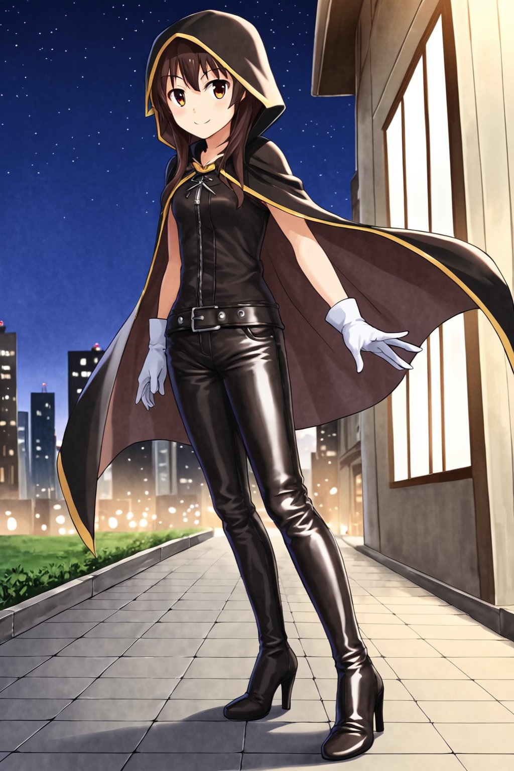 masterpiece, perfect face, megumi shimizu, 1girl, solo, smile, full body, day, city, night, leather pants, hooded cape and cloak, heels boots, white gloves, hood up