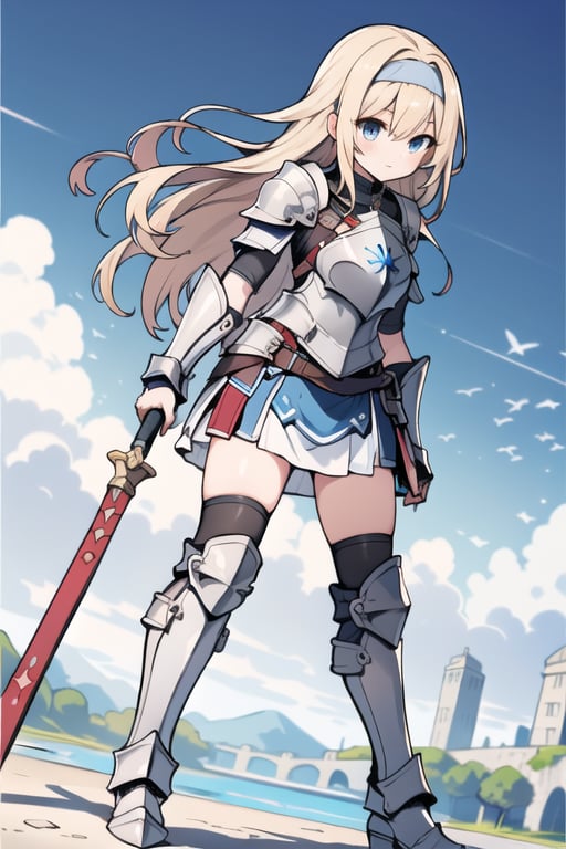 long hair,Blonde hair,blue eyes , young adult,middle breasts,armor,Low Angle,Blue short skirt,silver shin guards,headband,breastplate,river