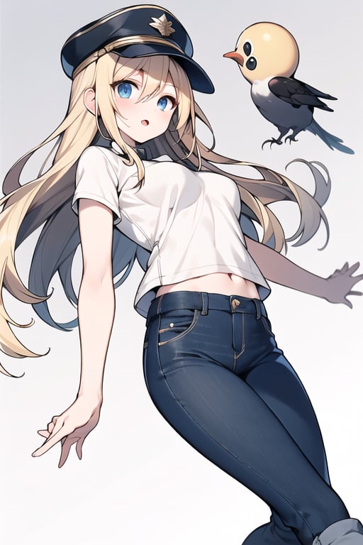 Long hair,Blonde hair,blue eyes , young adult,middle breasts,short pants,Low Angle,Blue hunting cap ,hat with brim