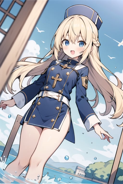 Long hair,Blonde hair,blue eyes , young adult,middle breasts,priest clothes,Low Angle,Blue short skirt,river,Blue hunting cap