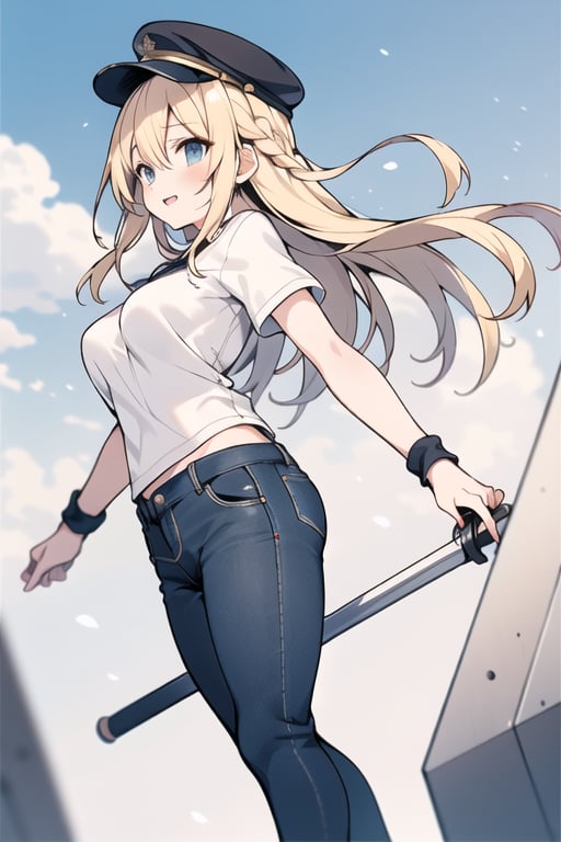 Long hair,Blonde hair,blue eyes , young adult,middle breasts,short pants,Low Angle,Blue hunting cap ,hat with brim