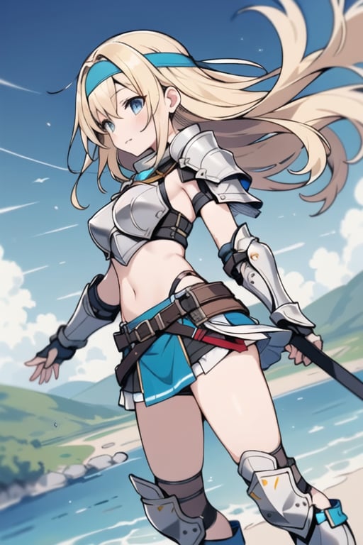 long hair,Blonde hair,blue eyes , young adult,middle breasts,armor,Low Angle,Blue short skirt,silver shin guards,headband,breastplate,river