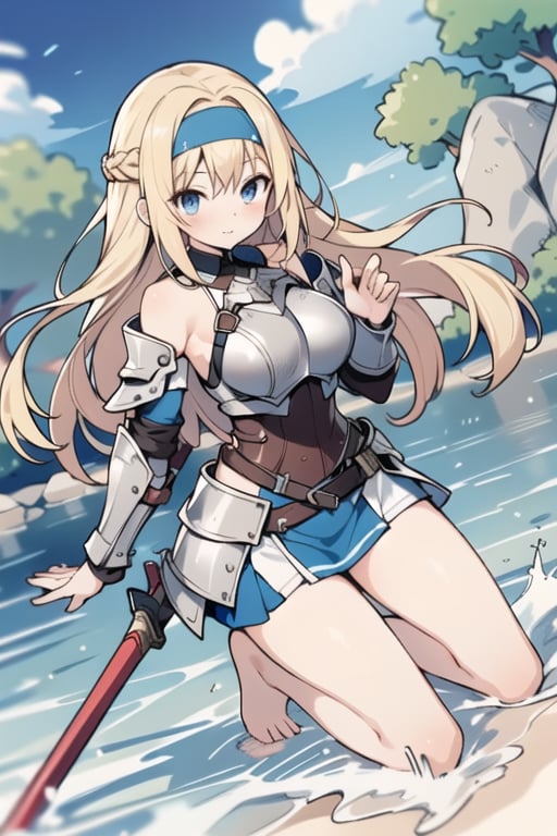 long hair,Blonde hair,blue eyes , young adult,middle breasts,armor,Low Angle,Blue short skirt,barefoot,headband,breastplate,river