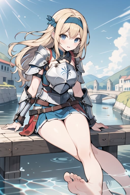 long hair,Blonde hair,blue eyes , young adult,middle breasts,armor,Low Angle,Blue short skirt,barefoot,headband,breastplate,river