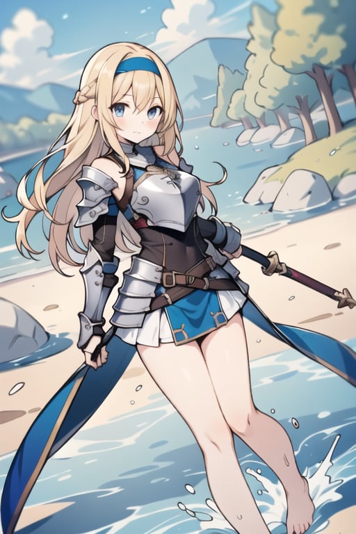 long hair,Blonde hair,blue eyes , young adult,middle breasts,armor,Low Angle,Blue short skirt,barefoot,headband,breastplate,river