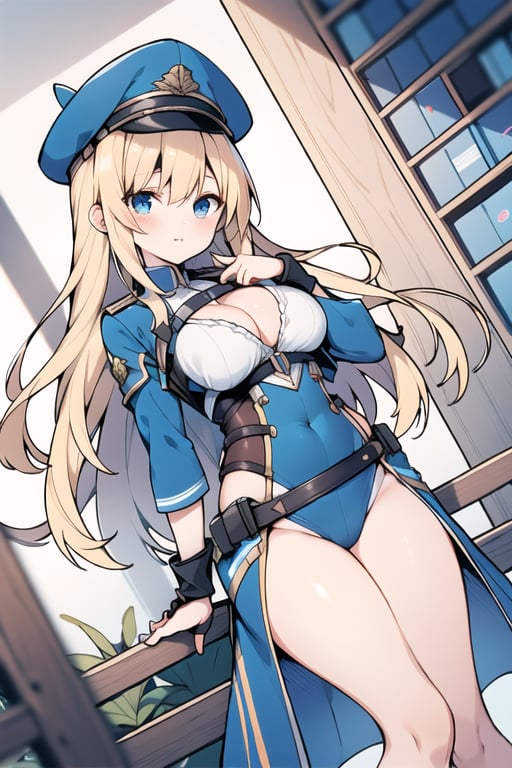 Long hair,Blonde hair,blue eyes , young adult,middle breasts,Dutch Angle,Blue hunting cap with brim,