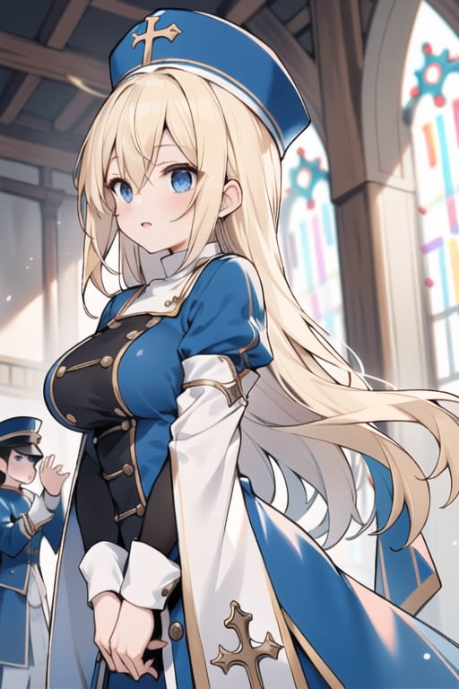 Long hair,Blonde hair,blue eyes , young adult,middle breasts,priest clothes,Low Angle,Blue hunting cap ,hat with brim