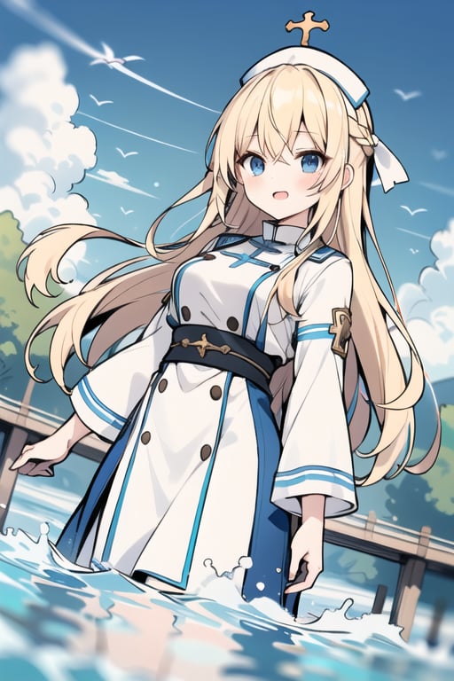 Long hair,Blonde hair,blue eyes , young adult,middle breasts,priest clothes,Low Angle,river,Blue hunting cap