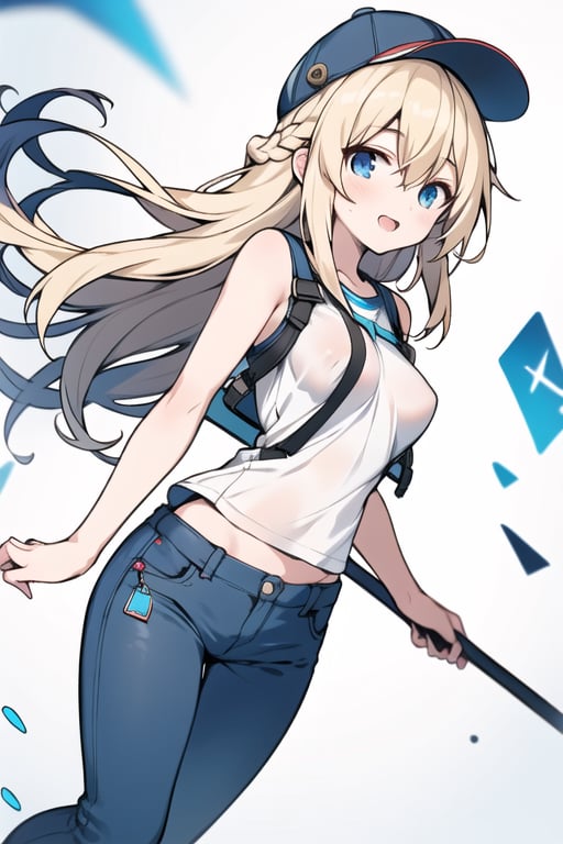 Long hair,Blonde hair,blue eyes , young adult,middle breasts,short pants,Low Angle,Blue hunting cap with brim