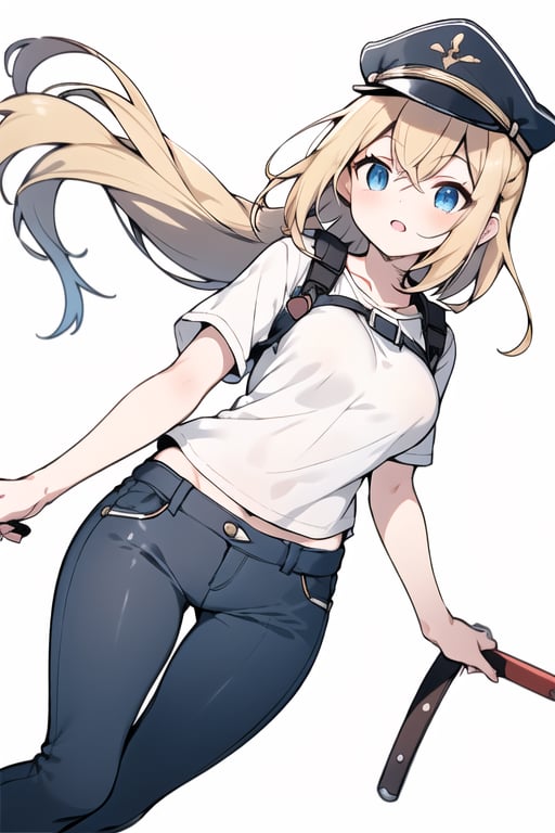 Long hair,Blonde hair,blue eyes , young adult,middle breasts,short pants,Low Angle,Blue hunting cap with brim