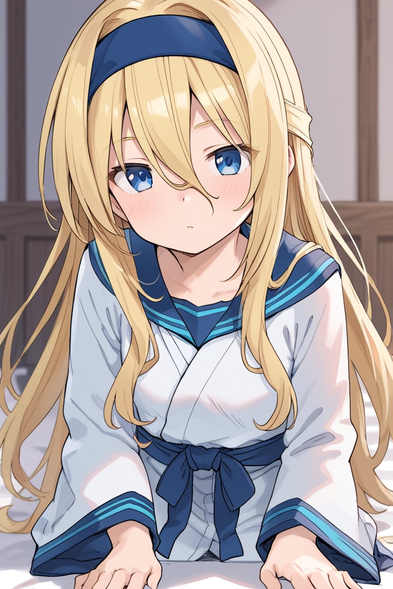 Blonde blue eyes long hair hair between eyes ,
blue headband
