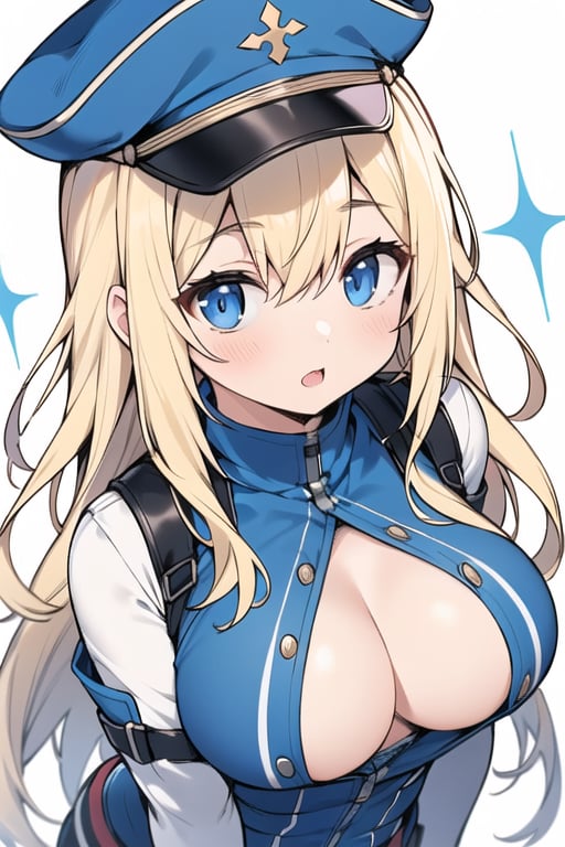 Long hair,Blonde hair,blue eyes , young adult,middle breasts,Overhead Shot,Blue hunting cap with brim,