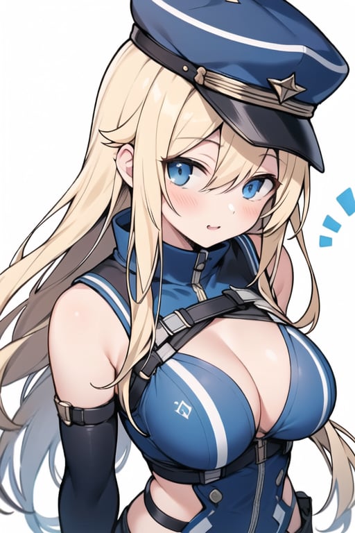 Long hair,Blonde hair,blue eyes , young adult,middle breasts,high Angle,Blue hunting cap with brim,