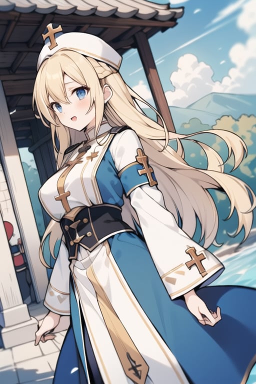 Long hair,Blonde hair,blue eyes , young adult,middle breasts,priest clothes,Low Angle,river,Blue hunting cap