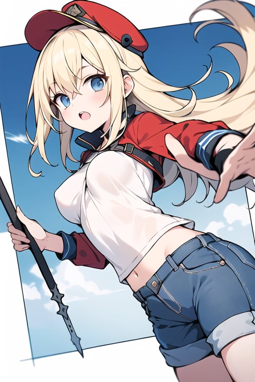 Long hair,Blonde hair,blue eyes , young adult,middle breasts,short pants,Low Angle,Blue hunting cap with brim