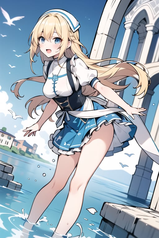 Long hair,Blonde hair,blue eyes , young adult,middle breasts,priest clothes,Low Angle,Blue short skirt,dirndl,river,Blue hunting cap