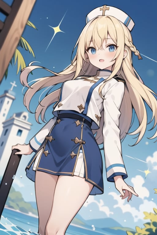 Long hair,Blonde hair,blue eyes , young adult,middle breasts,priest clothes,Low Angle,Blue short skirt,river,Blue hunting cap