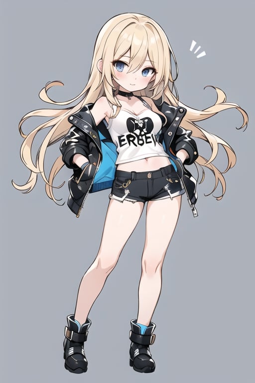 Blonde blue eyes long hair hair between eyes , middle hair,young adult,full body,beautiful breasts,choker,short tank top,short pants,punk rock fashion,jacket