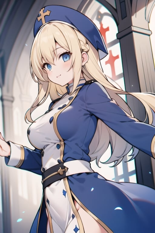 Long hair,Blonde hair,blue eyes , young adult,middle breasts,priest clothes,Low Angle,Blue hunting cap