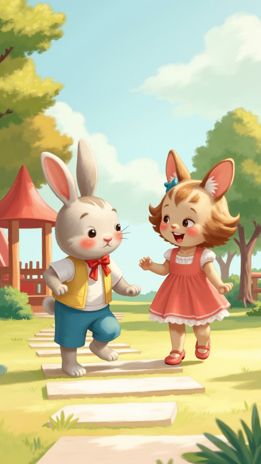 A whimsical illustration of a rabbit boy and a cat girl playing hopscotch, surrounded by a soft and impressionistic playground. Soft pastel hues and subtle shading bring the adorable scene to life,Made of adrr-zllj