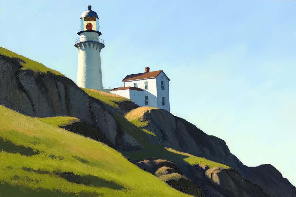 An EdwardH0pp3r style oil painting of an isolated white lighthouse on a steep hillside. A small geometrically irregular house is connected to the main tower, the focus is on the interplay of light and shadow from the tower and house on each other and the rocky green hillside. 