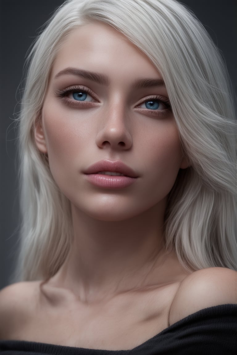 beautiful woman looking at viewer, (best quality, 4K, 8K, high-resolution), ultra-detailed, best detailed, details, skin detailed, photorealism, photorealistic, RAW photo, intricate, elegant, highly detailed, insane details, intricate details, hyper detailed, upper body, medium shot, wearing black off shoulder sweater, long messy white hair, lips, nose, attractive, (freckles:0.7), (blue eyes:1.2), aesthetic jawline, sharp chin, soft cinematic lighting, under the moon, outdoors, dark fantasy, photogenicLDG