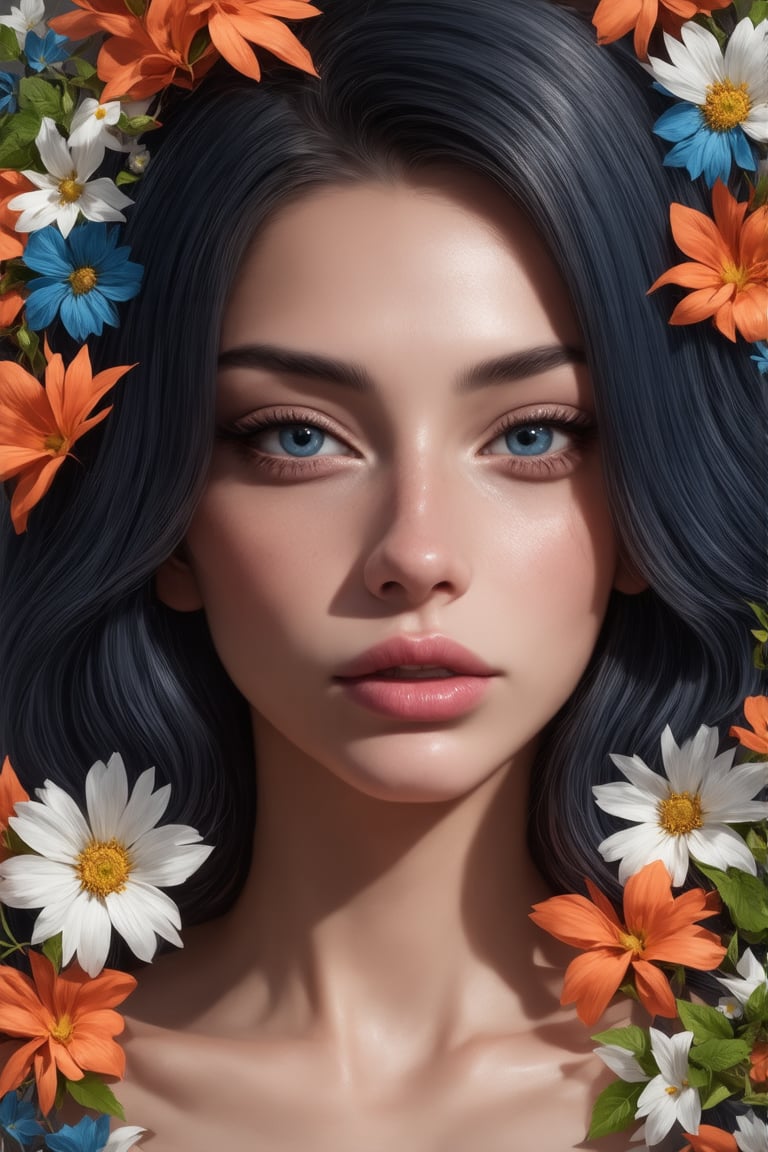 A captivating digital art portrait of a young woman surrounded by a vibrant array of flowers. Her wavy, dark blue hair frames her face, blending seamlessly with the floral elements around her. The flowers, in shades of orange, blue, and white, create a striking contrast against her pale skin. She gazes directly at the viewer with an intense, almost ethereal expression. The intricate details of the petals and leaves intertwine with her hair, giving the impression that she is one with nature. The overall composition is both delicate and dramatic, evoking a sense of mystery and enchantment, (best quality, 4K, 8K, high-resolution, masterpiece), ultra-detailed, best detailed, details, skin detailed, photorealism, photorealistic, intricate, elegant, highly detailed, insane details, intricate details, hyper detailed, photogenicLDG