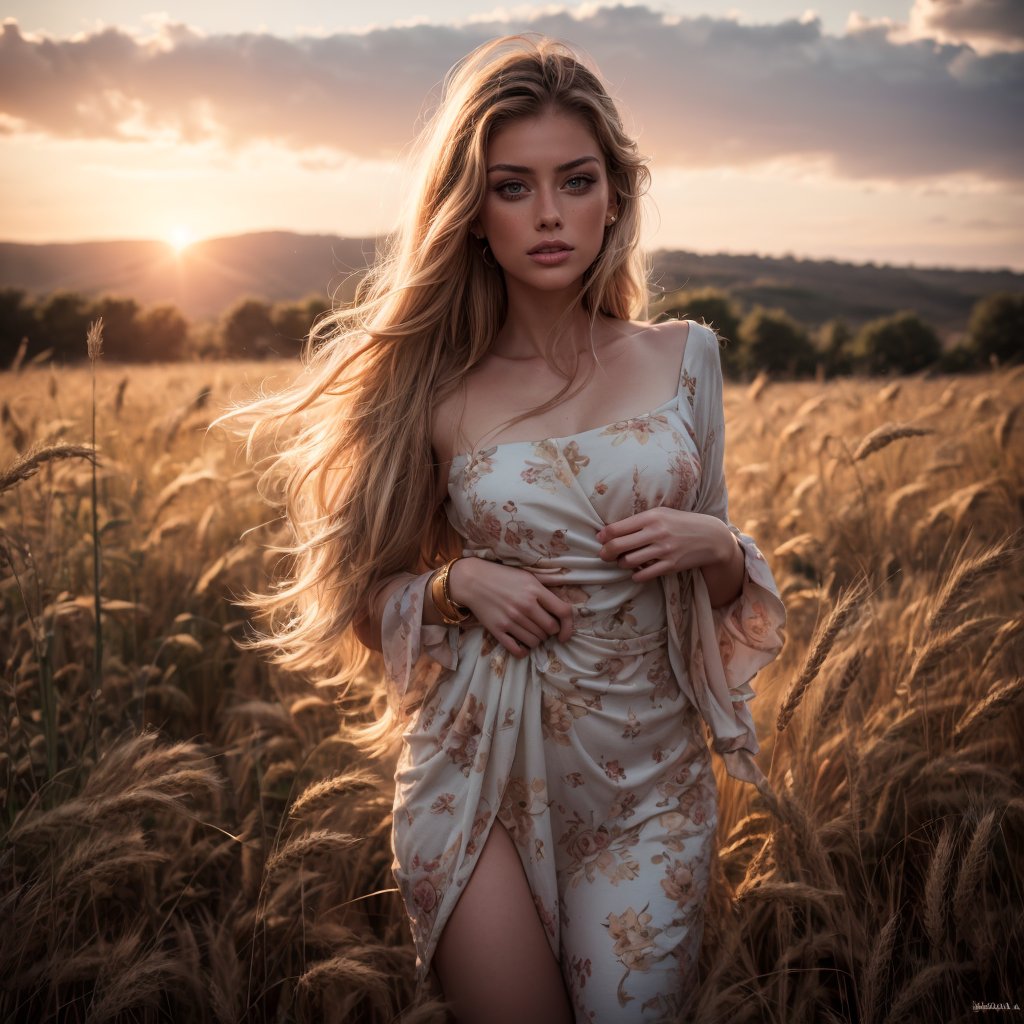 attractive beautiful woman in floral dress(lifted), wind, solo, blue eyes, eyelashes, eyebags, long hair, floating hair, sharp nose, aesthetic jawline, lips, standing, medium shot, golden hour, rim lighting, wheat field, highly detailed, high quality, hyperrealism, 4k, intricate details, detailed skin, intricate details, hyper detailed, photogenic_LDG