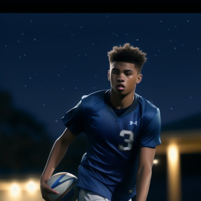 A teenage football player in action, dribbling a ball under a starry night sky, illuminated by soft ambient lighting, capturing the dynamic movement and focus of the young athlete.