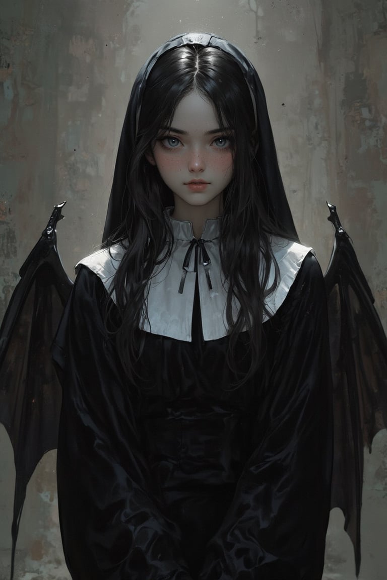 This image, likely a digital painting, showcases a young woman with pale skin and long, dark hair, dressed in a gothic nun outfit. Her large, bat-like wings add a supernatural element, suggesting a mix of innocence and darkness. The lighting is soft and diffused, creating a chiaroscuro effect that highlights her face and hands while casting shadows that enhance the gothic atmosphere. The background is a muted, neutral tone, slightly blurred to keep the focus on the girl. The use of deep blacks and subtle highlights gives the piece a haunting, ethereal quality. The composition is centered, with the girl's gaze directed forward, creating a sense of introspection. The image could be linked to the Romanticism movement due to its emotional depth and dramatic lighting.

aman0ayam1,REALNIME