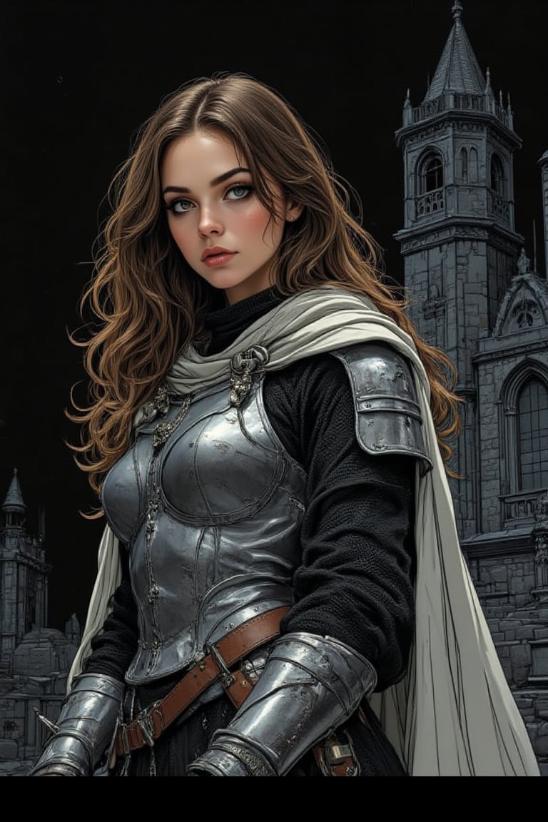 This is a highly detailed, Black and white dithered retro digital painting, featuring a female warrior in medieval armor, standing in front of a gothic castle. She has long, wavy brown hair, pale skin, and a determined expression. Her armor is silver with black chainmail underneath, and she wears a flowing white cape. She holds a large, ornate sword with both hands. Black background. Horror theme.

ct-pop2,illustration