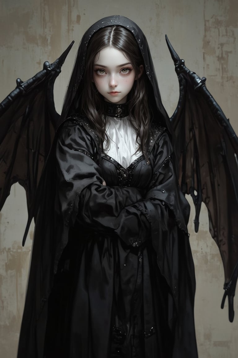 This image, likely a digital painting, showcases a young woman with pale skin and long, dark hair, dressed in a gothic nun outfit. Her large, bat-like wings add a supernatural element, suggesting a mix of innocence and darkness. The lighting is soft and diffused, creating a chiaroscuro effect that highlights her face and hands while casting shadows that enhance the gothic atmosphere. The background is a muted, neutral tone, slightly blurred to keep the focus on the girl. The use of deep blacks and subtle highlights gives the piece a haunting, ethereal quality. The composition is centered, with the girl's gaze directed forward, creating a sense of introspection. The image could be linked to the Romanticism movement due to its emotional depth and dramatic lighting.

aman0ayam1,REALNIME