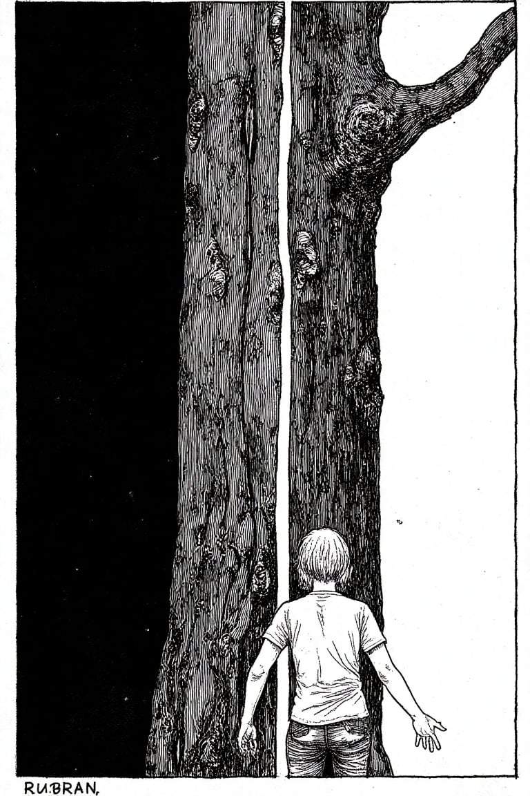 A black and white collage of three images. The left side of the image is dark, while the right side is lighter. There is a tree trunk on the left side. The tree trunk is dark gray. There are white lines running from the trunk to the right of the tree trunk. A person is standing in the middle of the trees trunk. The person is wearing a white shirt and has short blonde hair.,ink drawing,pen and ink realism,stipple shading,#giger,#jmanga