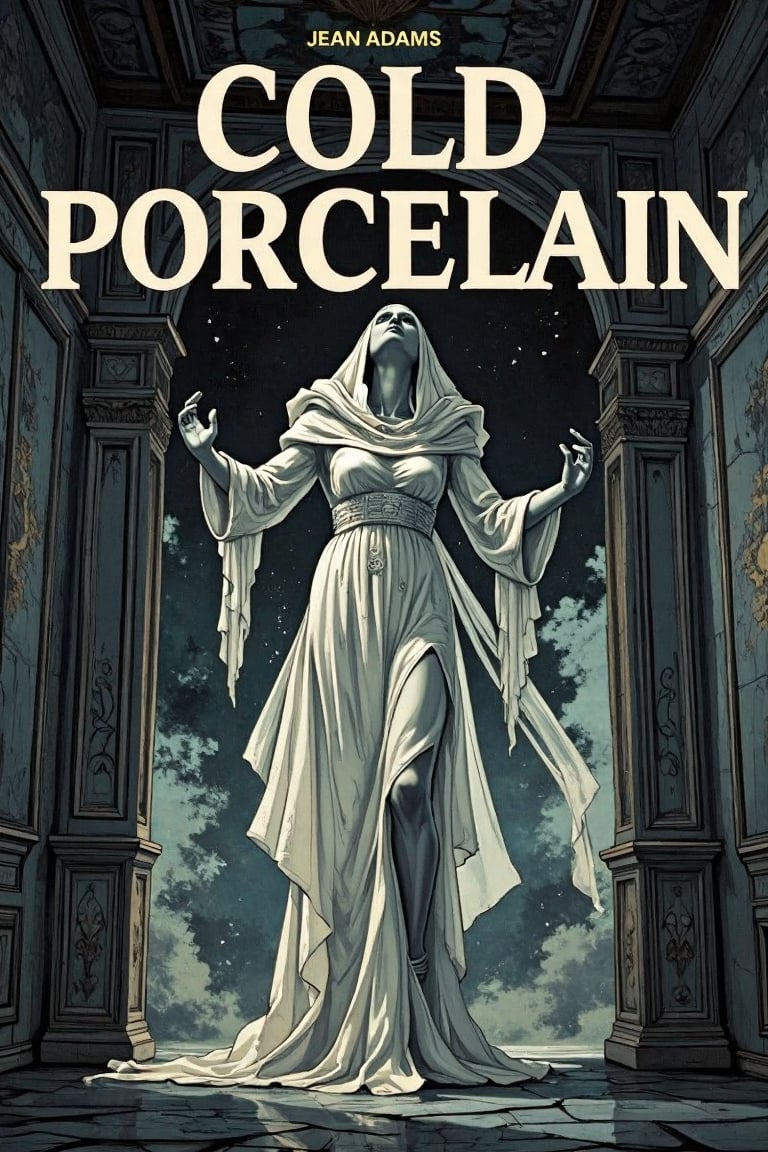 (old, vintage: 1.2), (horror movie poster: 1.3) title text: "Cold Porcelain": 1.3, (Jean Adams: 1.3), (main image, 

The walls are stitched with whispers, threadbare grey,
Stitched tighter still with every passing day.
He watches, eyes like shards of broken glass,
As hope, a moth, flits 'round, and then is grasped, alas.

: 1.2),illustrated