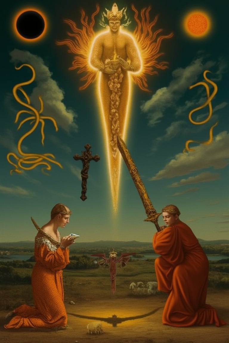 This image, likely from the Renaissance period, showcases a symbolic tableau with a central figure of a glowing, larger-scaled, Devine otherworldly goddess hovering in mid-air , flanked by two female saints, one of which is kneeling. The composition balances celestial and terrestrial elements, with a total eclipsed sun and yellow snakes in the background, symbolizing divine power. The use of rich, warm earth tones contrasts with the cool blues and greens, enhancing the mystical atmosphere. Detailed textures in the robes and intricate goldwork on the great sword highlight the artist's skill in rendering light and shadow. The piece evokes themes of spiritual enlightenment and divine grace. Esoteric elements and occult symbolism can be seen throughout.

dreamoeba