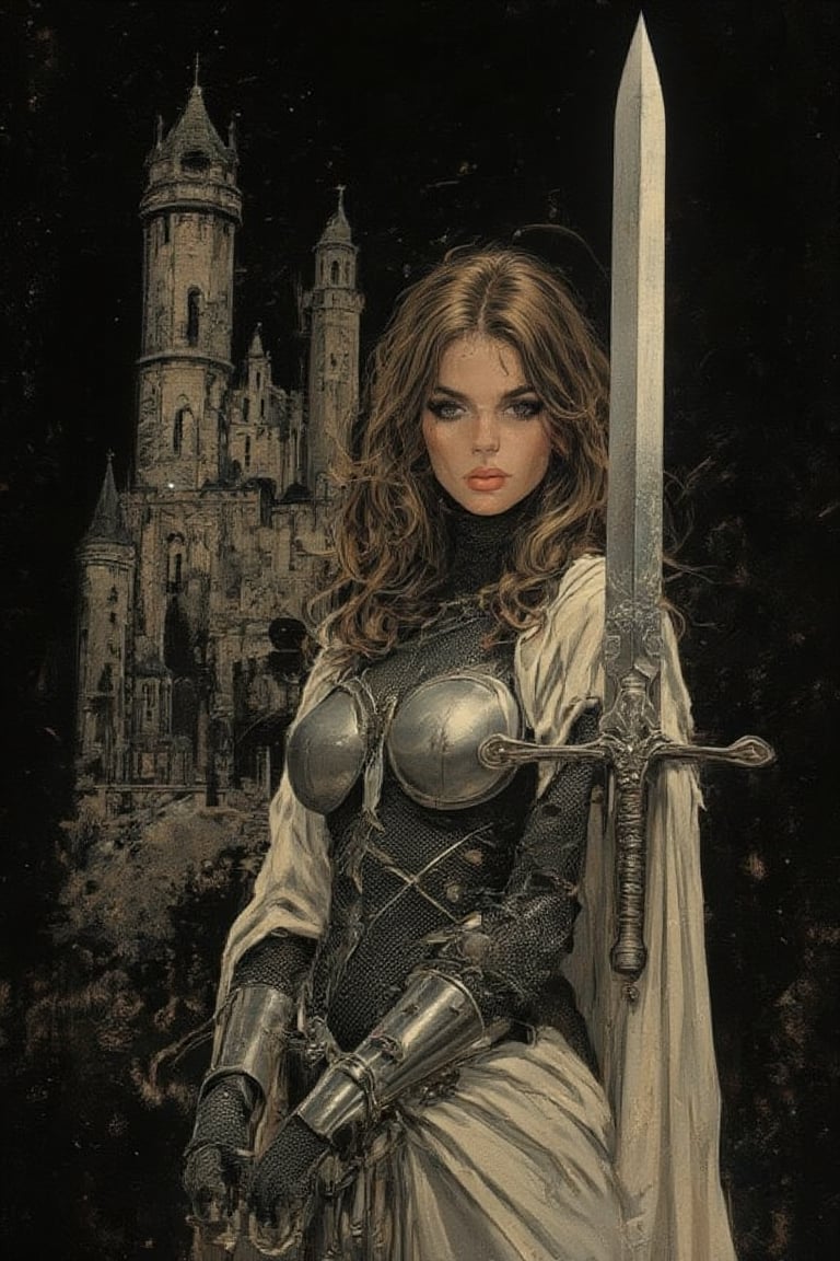 This is a highly detailed, Black and white dithered retro digital painting, featuring a female warrior in medieval armor, standing in front of a gothic castle. She has long, wavy brown hair, pale skin, and a determined expression. Her armor is silver with black chainmail underneath, and she wears a flowing white cape. She holds a large, ornate sword with both hands. Black background. Horror theme.

ct-pop2,illustration,PT[WPM]