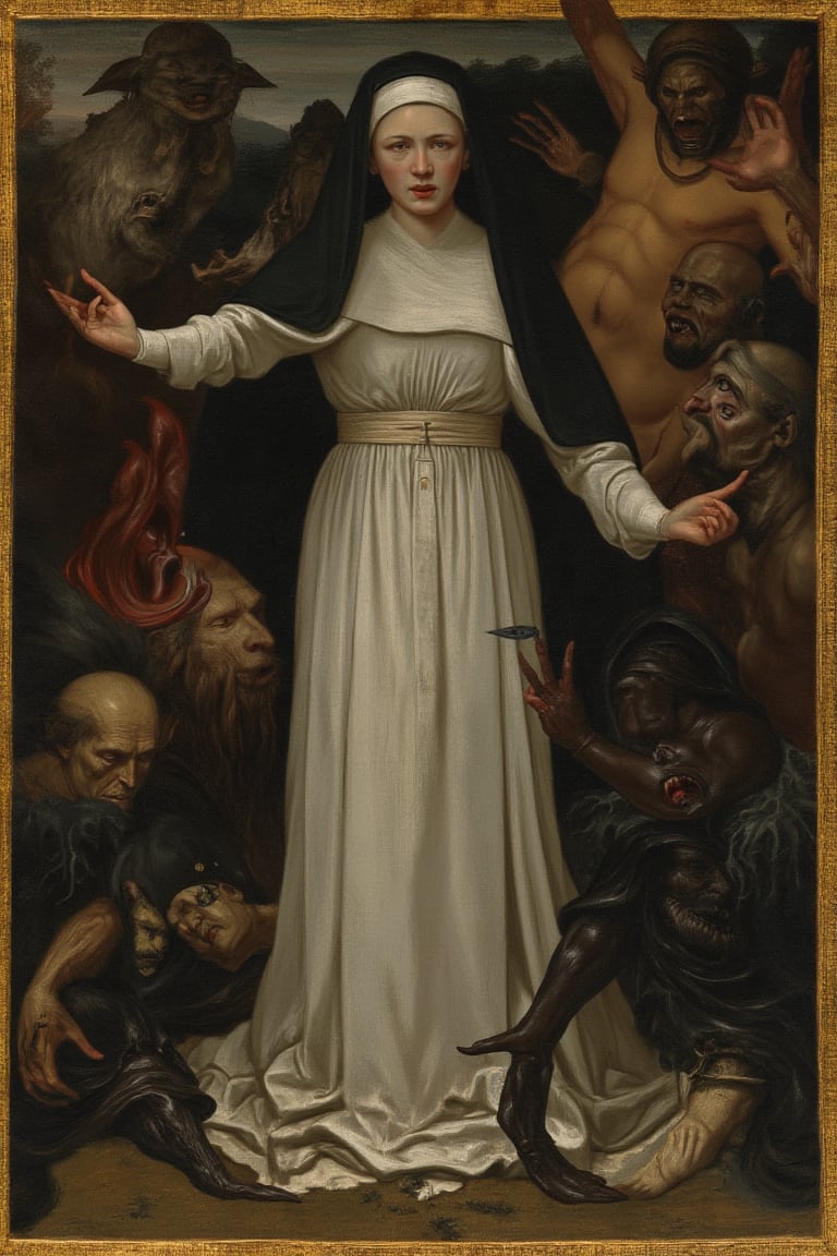 This image is a medieval religious illustration, likely from the 15th century, characterized by its Gothic style. The central figure, a nun, is depicted in a flowing white habit with a black veil, symbolizing purity and devotion. Her serene expression contrasts with the chaotic, menacing figures surrounding her, representing evil or temptation. The use of dark, muted colors with golden highlights creates a somber, dramatic atmosphere. The detailed textures and intricate line work suggest meticulous craftsmanship, typical of illuminated manuscripts. The composition and symbolism emphasize the struggle between good and evil.

dreamoeba