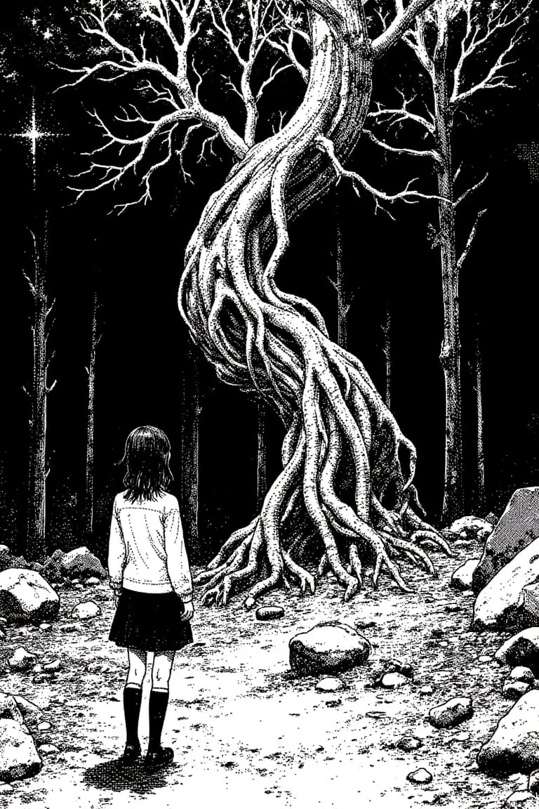 In a hauntingly beautiful, multi-panel comic, a lone girl stands amidst the eerie grandeur of a forest. Monochromatic greyscales evoke an otherworldly atmosphere as she gazes up at a twisted tree, its branches grasping like skeletal fingers towards the darkened sky. The traditional pen and ink realism technique imbues each stippled shading with a sense of texture and depth, drawing inspiration from H.R. Giger's cosmic horror. Inspired by Japanese manga (#jmanga), this piece whispers secrets of the unknown, as if the very forest itself was sharing ancient, eldritch truths with the girl, and through her, with us.