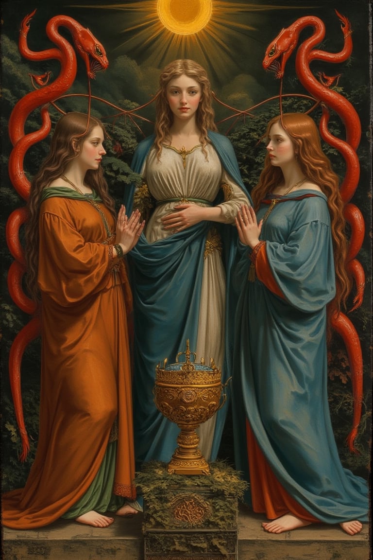 This image, likely from the Renaissance period, showcases a symbolic tableau with a central figure of a Devine goddess, flanked by two human female saints. The composition balances celestial and terrestrial elements, with a golden sun and red serpents in the background, symbolizing divine power. The use of rich, warm earth tones contrasts with the cool blues and greens, enhancing the mystical atmosphere. Detailed textures in the robes and intricate goldwork on the chalice highlight the artist's skill in rendering light and shadow. The piece evokes themes of spiritual enlightenment and divine grace. Esoteric elements and occult symbolism can be seen throughout.

dreamoeba