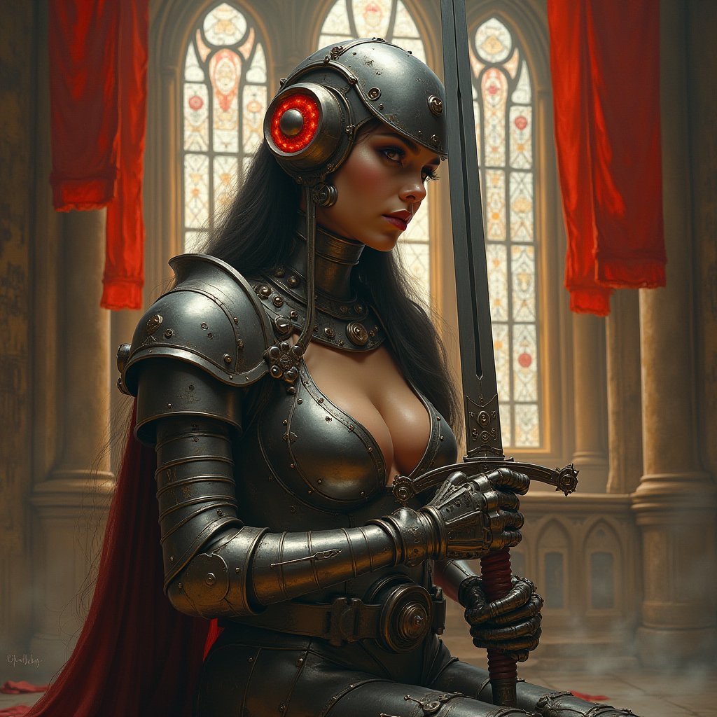 A masterpiece of Mannerist artistry, this painting captures the essence of a dazzling (Asian woman:0.5), resplendent in her stainless steel steampunk exoskeleton equipped with knobs, meters, and vacuum lamps. Set against the majestic backdrop of a medieval cathedral, she sits poised with a grand two-handed sword, its intricate details gleaming in the high-angle lighting. Medieval banners are suspended behind her like wispy clouds, while the chiaroscuro technique casts an aura of mystique around her figure, as if bathed in the warm glow of a neon lamp. Achieve a unique visual style with elements of hyperrealism, eroticism, and science fiction. Extreme level of detail and realism, high-quality rendering of surfaces like metal and skin, reflective surfaces, such as chrome and polished metal, and seamless gradients. Futuristic settings and themes inspired by classic pin-up art, fantasy, and fetishism, moods of enslavement and domination. Highly detailed.