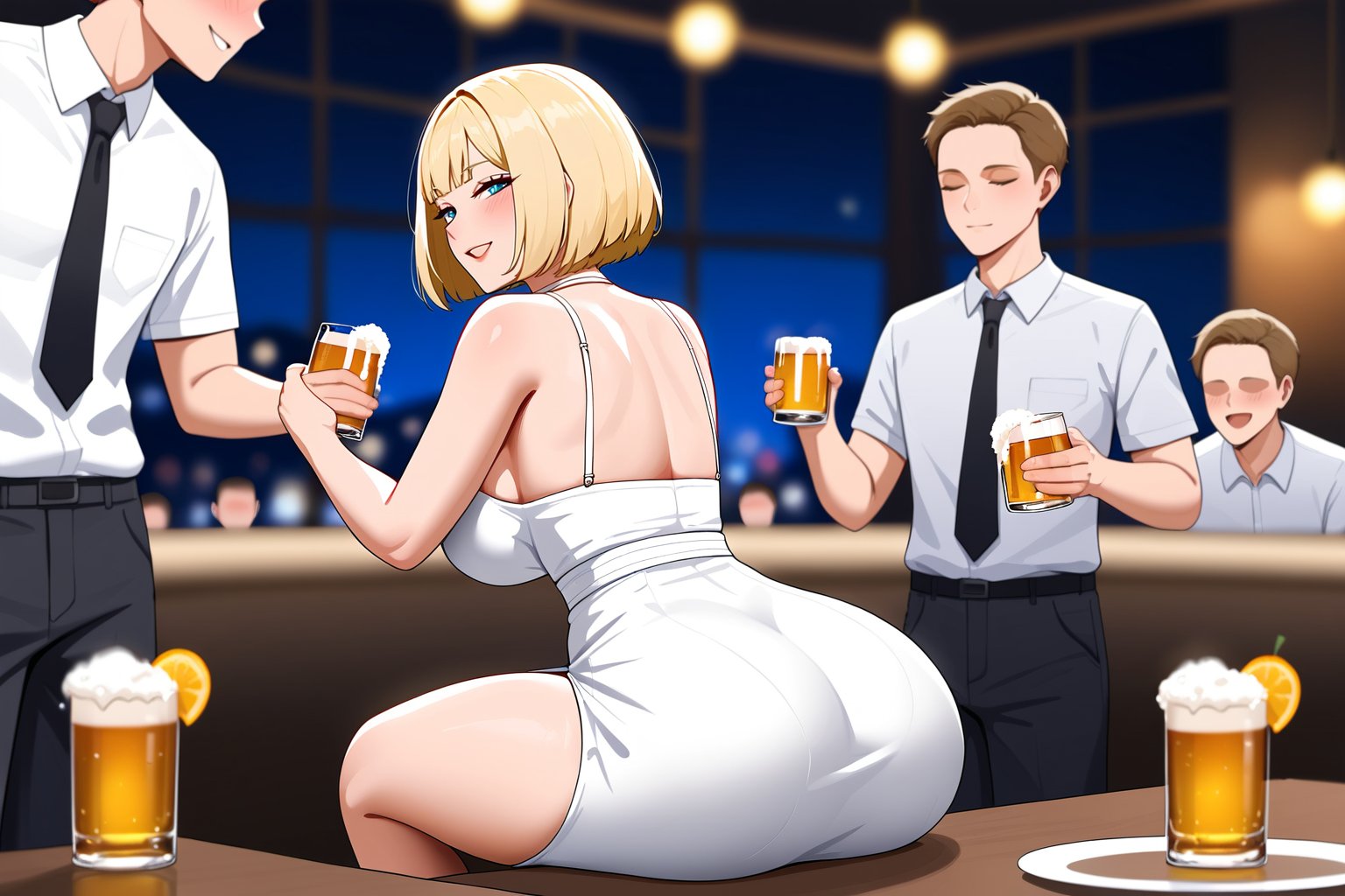 1girls,blush,makeup,mature,from behind,blonde hair,behind,smile,fleshy lips,bob hair,white dress,short, low-cut dress,dress straps,huge ass,leaning foward BREAK,multiple boys,sitting, talking,looking at character,holding beer,smile,faceless,
AND indoors,party,drink,BREAK multiple peoples,faceless,night,blurred background,id002