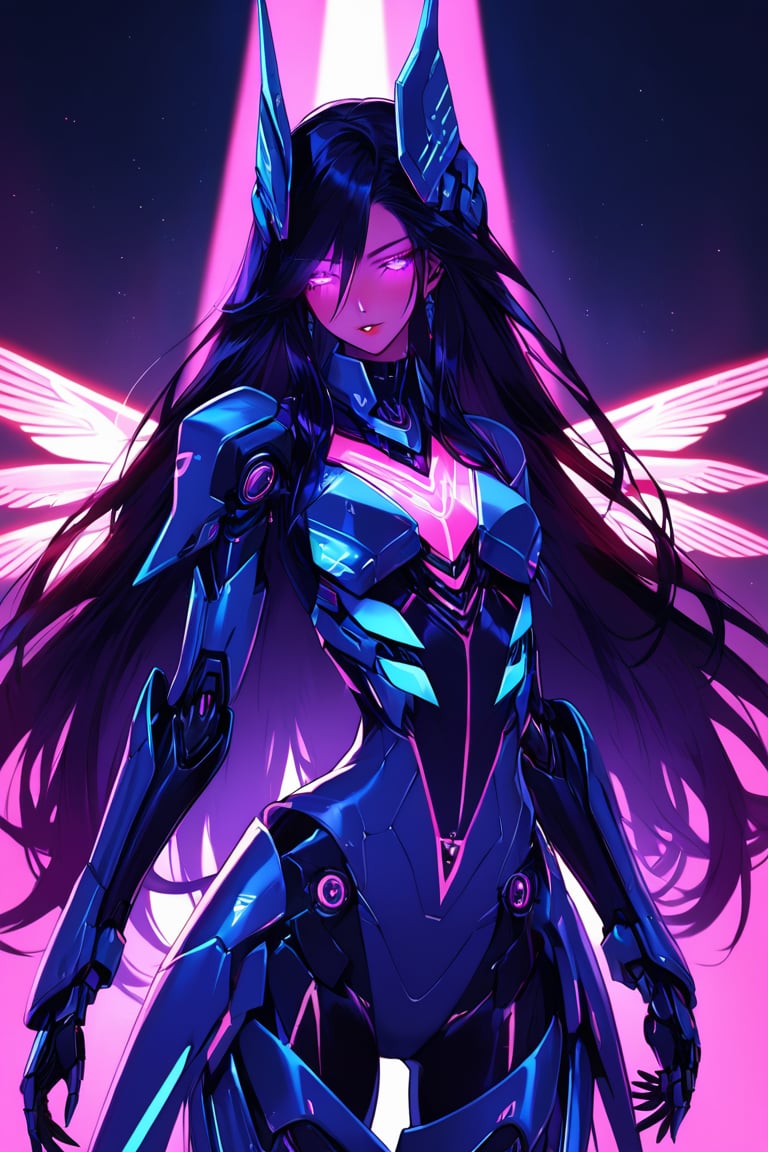 a alien seductress woman, with some mechanical armor in her body, she have some nazca lines in all her body  all,glowing in a neon random color light, she have a tecnological wings in her back and long hair