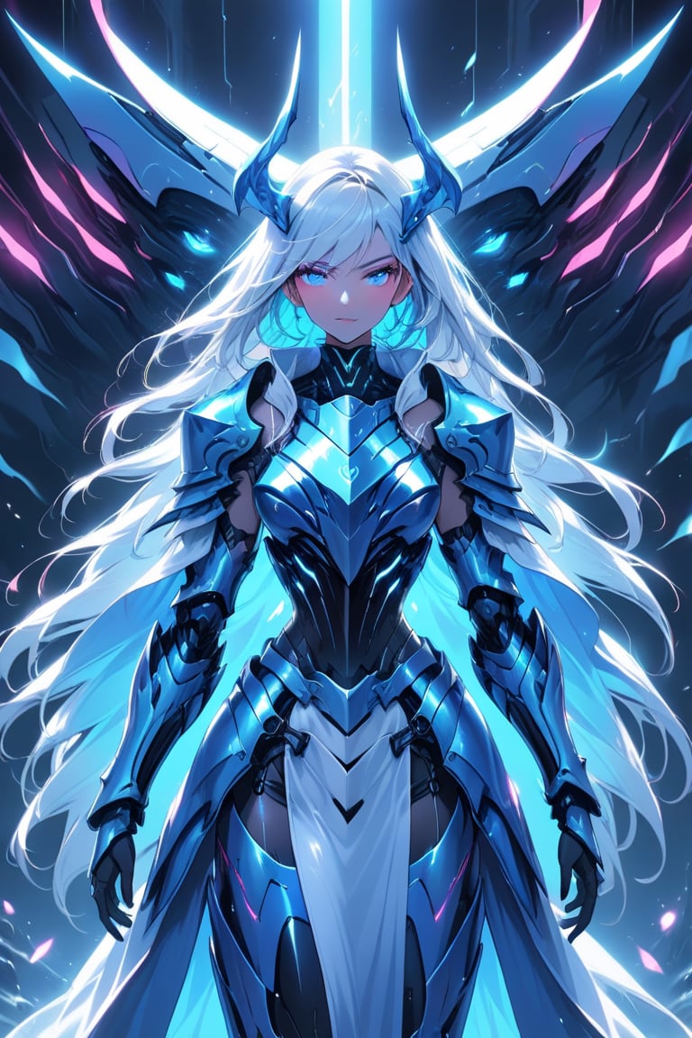 a medium shot of a seductres woman, with a white and blue tecnolocial armor, with neon colors,  her armor resembles a killer wale.