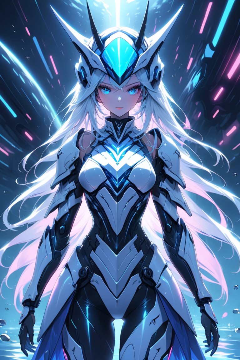 a medium shot of a seductres woman, with a white and blue tecnolocial armor, with neon colors,  her head gear resembles a killer whale.